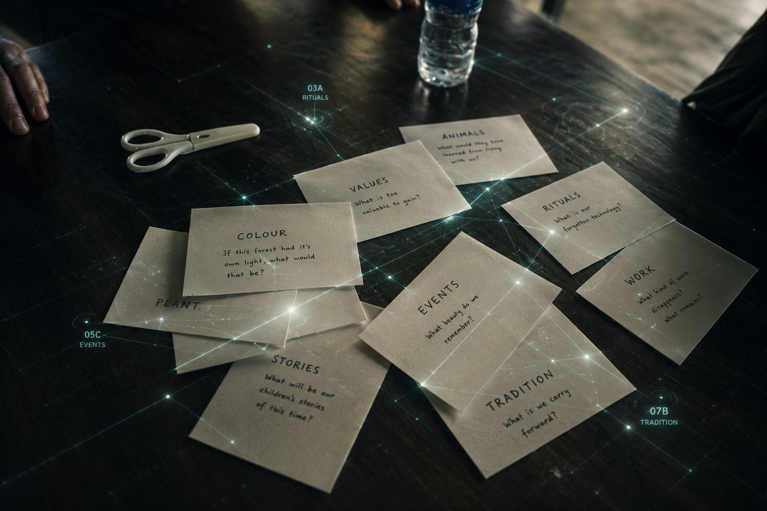 Materials from a futures workshop spread across a table