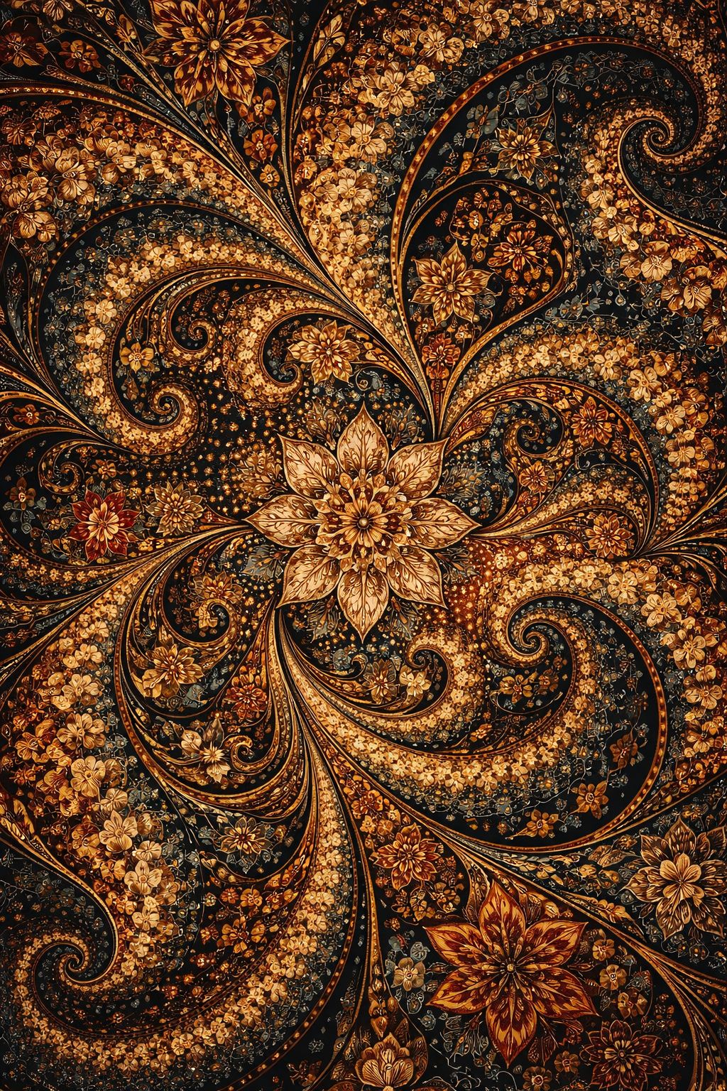Fractal batik close-up, warm brown and gold