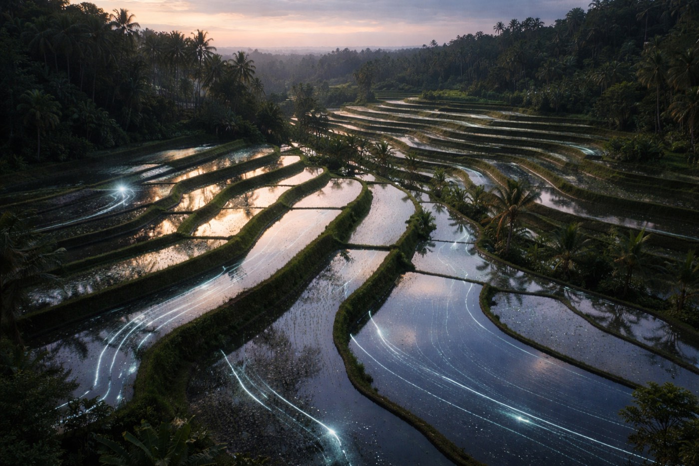 Glowing rice terraces at twilight, Bali
